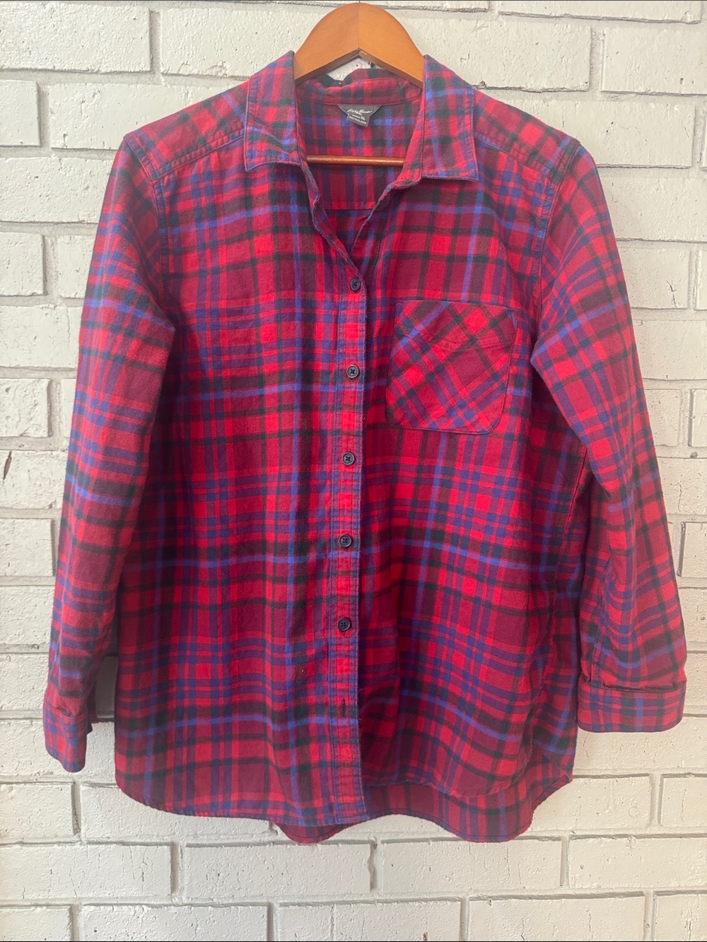 Eddie Bauer Red and Navy Plaid Button-Down Shirt